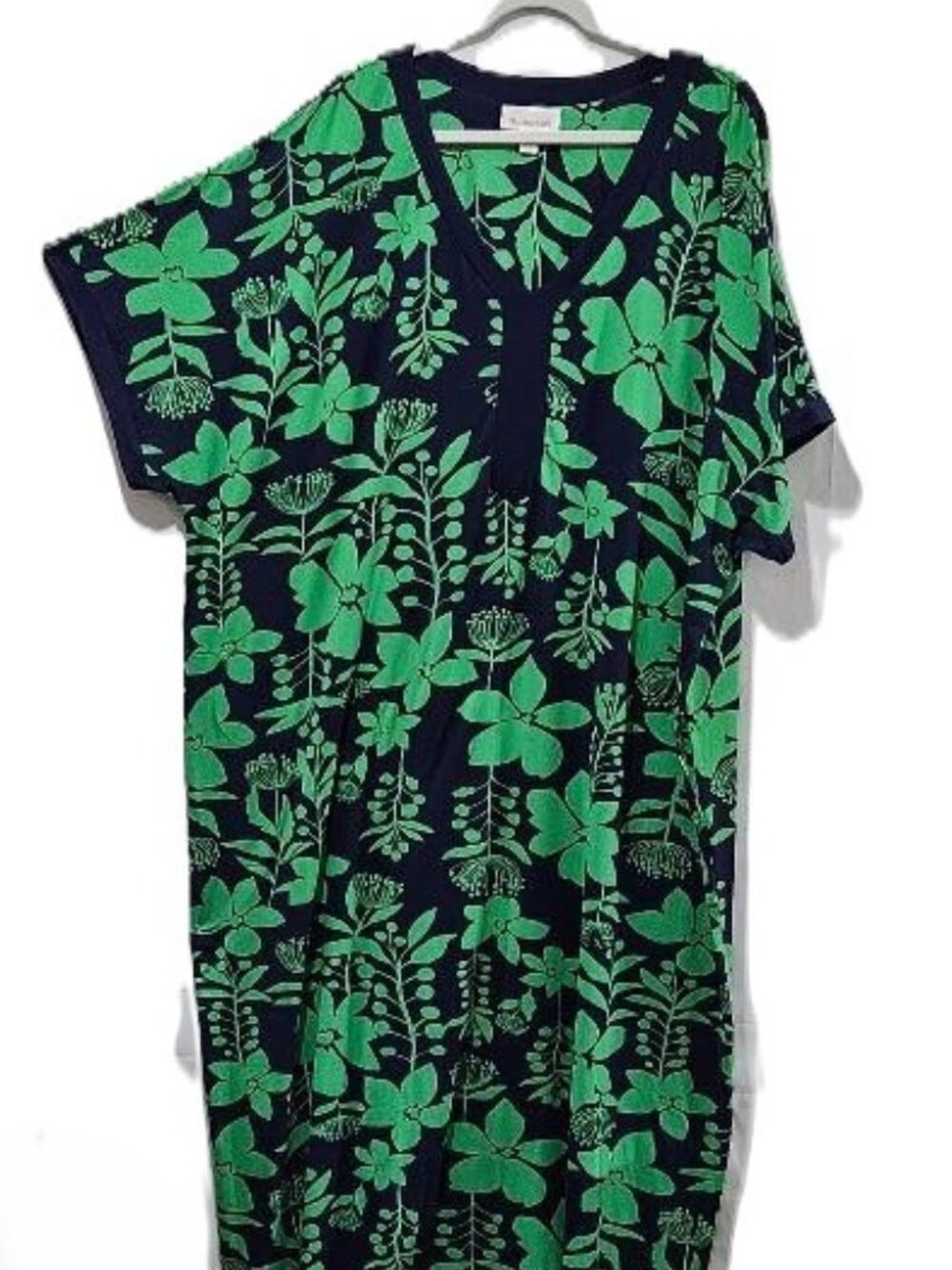 STAN HERMAN BLUE GREEN FLORAL V-NECK SHORT SLEEVE MAXI MUMU CAFTAN DRESS 1X - 4x
